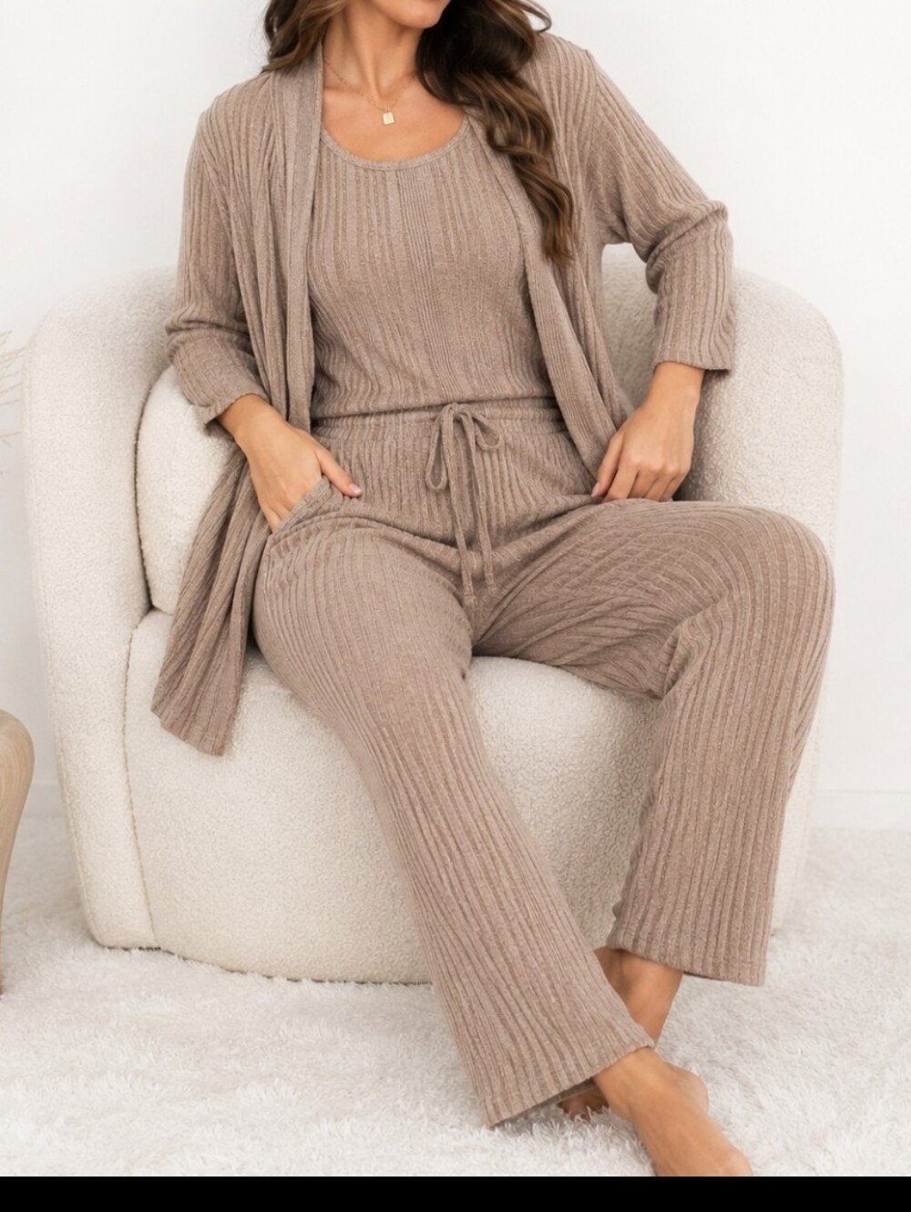 Nina Leonard 3 Piece Taupe Ribbed Knit Lounge Set Cardigan Tank Pants Cozy